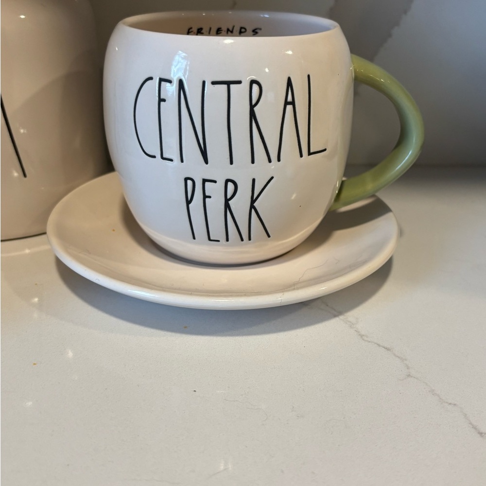Rae Dunn Central Perk White Ceramic Mug with Green Handle and Saucer